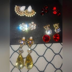 6 Pairs of New Earings.Gold Toned,Red Rhinestones,